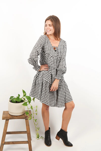 Long Sleeve Tiered Dress - Gingham
